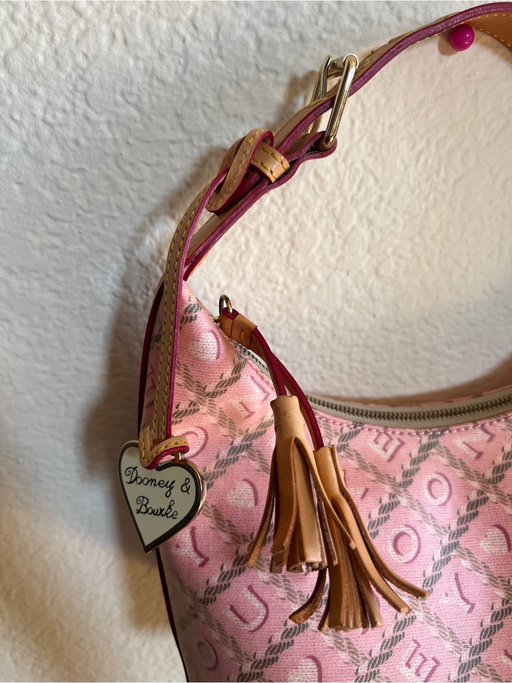 Y2K Dooney & Bourke Pink Monogram Canvas Hobo Bucket Bag vintage - Picture 3 of 10